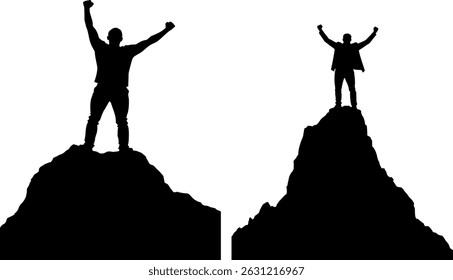Victory and Success Silhouette of Businessman and Hiker Standing on Mountain Peak with Raised Hands | Achievement and Motivation Concept

