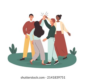 Victory and success. Team gives five drpug to each other, friends greet. Congratulation and celebration. Successful employees or colleagues. Metaphor for partnership. Cartoon flat vector illustration