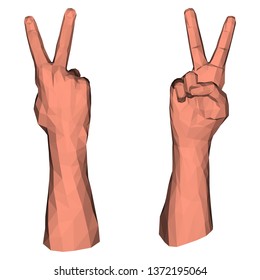 Victory symbol by two polygonal fingers of low poly hand for geometric gesturing of peace and success