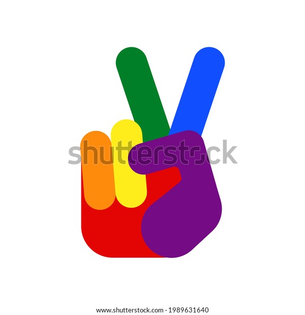 Victory symbol, Peace gesture. Rainbow\
colored hand. Victory hand. Lgbt pride logo, gay, lesbian symbol.\
Vector illustration