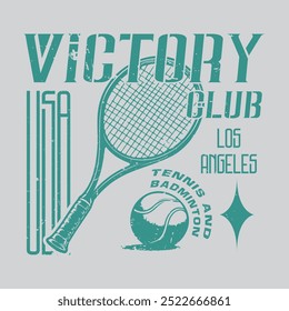 Victory Tennis Club vintage tee print, athletic apparel design shirt graphic print. Vintage artwork for sportswear. Tennis club vector t-shirt design. Retro varsity tennis logos prints.