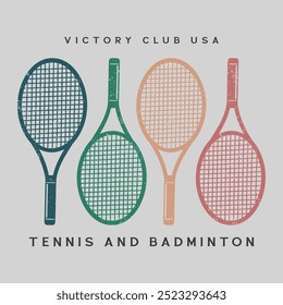 Victory Tennis Club vintage tee print, athletic apparel design shirt graphic print. Vintage artwork for sportswear. Tennis club vector t-shirt design. Retro varsity tennis logos prints.