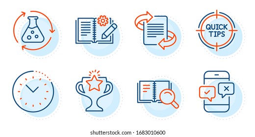 Victory, Time management and Marketing signs. Chemistry experiment, Tips and Search book line icons set. Phone survey, Engineering documentation symbols. Laboratory flask, Quick tricks. Vector