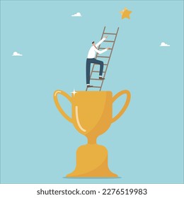 Victory and triumph in business, achieving maximum success or career growth, receiving an award or award for the work done and innovation, man climbs a ladder from a winners cup and points to a star.