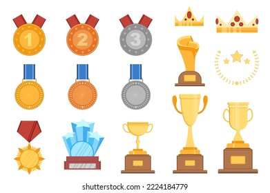 Victory trophies set in cartoon design. Bundle of golden, silver and bronze medals, win crowns, different gold cups, star emblems and other award prizes isolated flat elements. Vector illustration