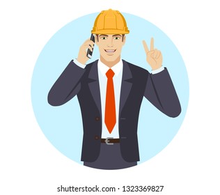 Victory! Two fingers up. Businessman talking on the mobile phone and showing victory sign. Portrait of businessman in a flat style. Vector illustration.