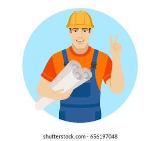 Victory! Two thumbs up. Builder holding the project plans and showing victory sign. Portrait of builder character in a flat style. Vector illustration.