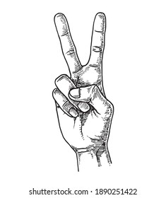 Victory V salute, Hand Gesture, Hand Drawn Illustration, Vector