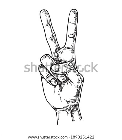 Victory V salute, Hand Gesture, Hand Drawn Illustration, Vector