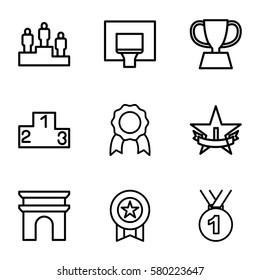 victory vector icons. Set of 9 victory outline icons such as Arc de Triomphe, trophy, basketball basket, ranking, 1st place star