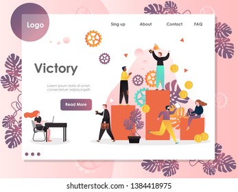 Victory vector website template, web page and landing page design for website and mobile site development. Winner, team success concept with happy businessman holding golden cup on bar graph top.