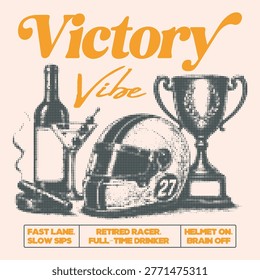 Victory Vibe Racing Vector Illustration with Retro Stipple Effect, Vintage Racing Helmet and Trophy Design, Motor Sport Lifestyle Graphic for T-Shirt and Apparel, Retired Racer Poster Art.