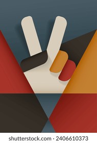 Victory. Vintage Poster with retro style graphic shapes. Hand fingers showing victory symbol. Hippie styled poster Abstract lines and forms. Vector illustration.