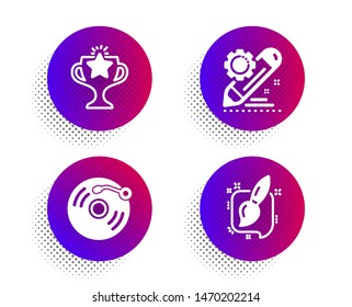 Victory, Vinyl record and Project edit icons simple set. Halftone dots button. Painting brush sign. Championship prize, Retro music, Settings. Graphic art. Education set. Vector