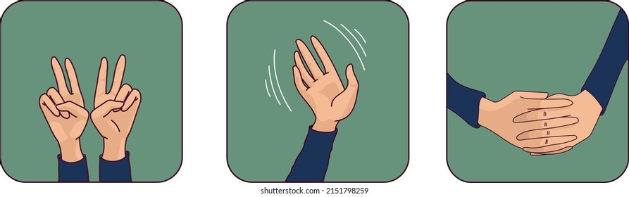 Victory, wave, locked hands. Set of gestures. Cartoon human arms, isolated palms positions. Pointing and counting with fingers.