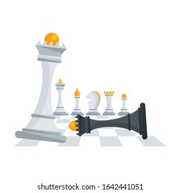 Victory of white chess queen over black. Concept with figures for chess. King, queen and rook, bishops, knights and pawn. Board logic game. Flat cartoon objects isolated on white background.