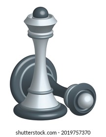 Victory of white chess queen over black. Concept with figures for chess. King, queen and rook, bishops, knights and pawn. Board logic game. 3D realistic vector objects on white background.