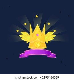 Victory Winner Reward Badge Crown , Wings , Ribbon For Casual Games Cute Colorful Golden Purple Colors Vector Design