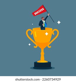 Victory with winning businessman holding flag over big golden trophy, giving success in business. business achievements. Modern vector illustration in flat style 