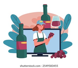 Video Sobre el vino. Mujer en uniforme con uvas en sus manos cerca de botella y vaso con bebida alcohólica. Bebida y bebida sabrosa. Sommelier blogger en Internet. Ilustración vectorial plana