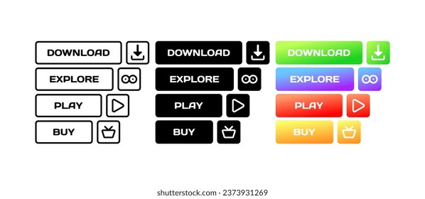 Video action buttons. Different styles, colors, Download, Explore, Play, Buy buttons, movie action buttons. Vector icons