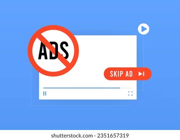 Video AD Blocker concept. Software or web extension for skipping or blocking video ads. Video advertising blocker vector isolated illustration on blue background with icons