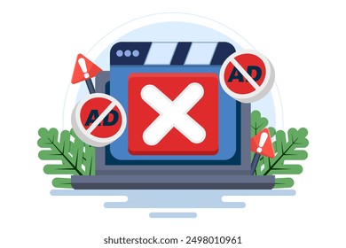Video ad blocking concept, mobile ad blocker app to improve user experience. content consumption, mobile extensions for ad-free browsing, and internet privacy protection. blocks video ads.