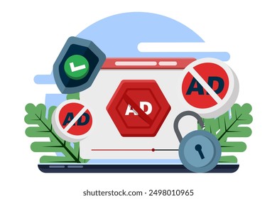 Video ad blocking concept, mobile ad blocker app to improve user experience. content consumption, mobile extensions for ad-free browsing, and internet privacy protection. blocks video ads.