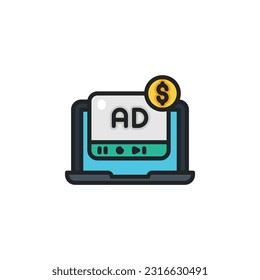 Video Ad on laptop, digital marketing filled outline icons. Vector illustration. Isolated icon suitable for web, infographics, interface and apps.
