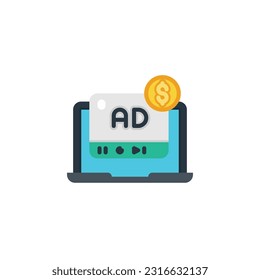 Anuncio de video en laptop, íconos planos de marketing digital. Ilustración vectorial. Icono aislado adecuado para web, infografías, interfaz y aplicaciones.