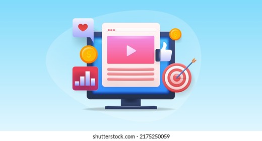 Video Ad Targeting, Content Marketing, Social Media Target Marketing, Digital Marketing Campaign - 3D Design Illustration With Icons