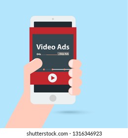 video ads advertising content social media marketing in smartphone. illustration vector concept.