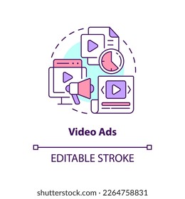 Video ads concept icon. Visually appealing content. Type of social media promo abstract idea thin line illustration. Isolated outline drawing. Editable stroke. Arial, Myriad Pro-Bold fonts used