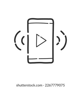 Anuncios de video en la pantalla del smartphone. Icono de reproductor de vídeo. Estilo de diseño de dibujo manual. Vector.