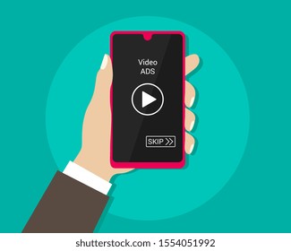 video advertise play with smartphone. hand holding smartphone. vector illustration