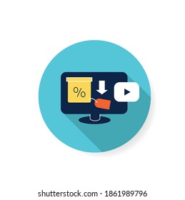 Video advertisement flat icon. Digital marketing strategy concept.Video promotion for seo development and social media optimization. Viral ad sign. Color vector illustration with shadow 