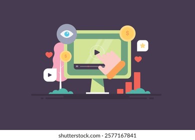 Video advertising for better sales conversion, Video ads generating revenues, Content marketing for increased video views - vector illustration background with icons