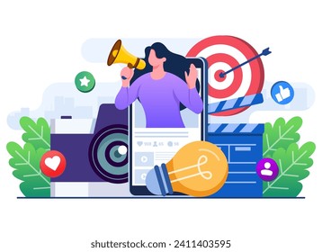 Video advertising concept flat illustration, Video marketing, Digital marketing, Social media marketing, business promotion, E-commerce, Influencer marketing, Endorsement, Strategy