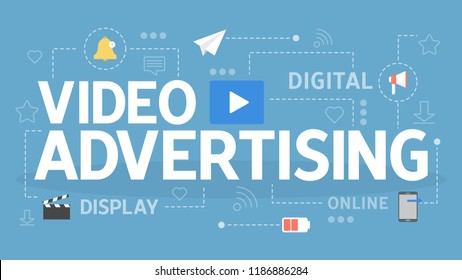 Video advertising concept. Marketing and promotion online in the internet using video content. Digital ads in social media. Vector flat illustration