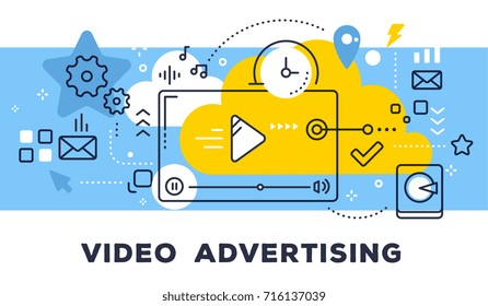 Video advertising concept on blue background with title. Vector illustration of video player and icons. Thin line art flat style design for web, site, banner, business presentation