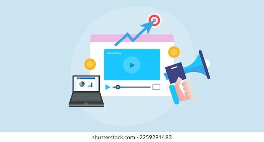 Video advertising concept, Using video content for digital advertising, digital strategy increasing sales - vector illustration background with icons