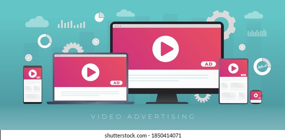 Video Advertising, digital online media marketing and business concept. Online video broadcasting and streaming live content for target audience. Advertising media on gadgets screen