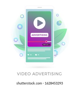 Video Icono de Vector plano publicitario. Video Marketing digital con transmisión en línea y streaming de contenido, concepto de negocio. Medios de anuncios en la pantalla del teléfono inteligente móvil aislado en el fondo blanco