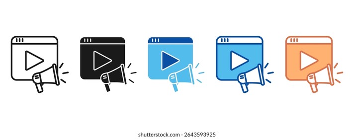 Vídeo Publicidade Ícone Definir Coleção de Estilos Múltiplos