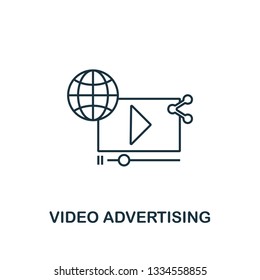 Video Advertising icon thin line style. Symbol from online marketing icons collection. Outline video advertising icon for web design, apps, software, printing usage