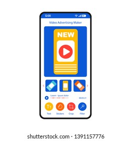 Video advertising maker smartphone interface template. Promo content creator mobile app layout. Video ads. Social media stories design application flat UI. Digital marketing tool. Phone display