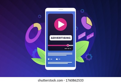 Video Advertising modern vector illustration. Digital Marketing with youtube online broadcasting and streaming video content, business concept. Ads media on mobile smartphone screen violet background