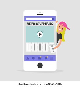 Video advertising on a mobile screen. Young female character interested in an advertising. Tear-off ad. Flat editable vector illustration, clip art. Efficient ad format for millennials