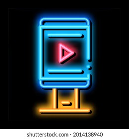 video advertising on phone neon light sign vector. Glowing bright icon video advertising on phone sign. transparent symbol illustration