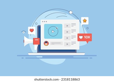 Video advertising on Social media network. Social media videos getting likes and views. Video marketing brand promotion - vector illustration background with icons